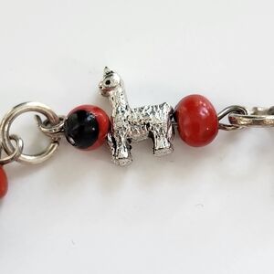 Charm Bracelet Silver, Red Beaded Lamma Alpaca Authentic PERUVIAN Small Medium
